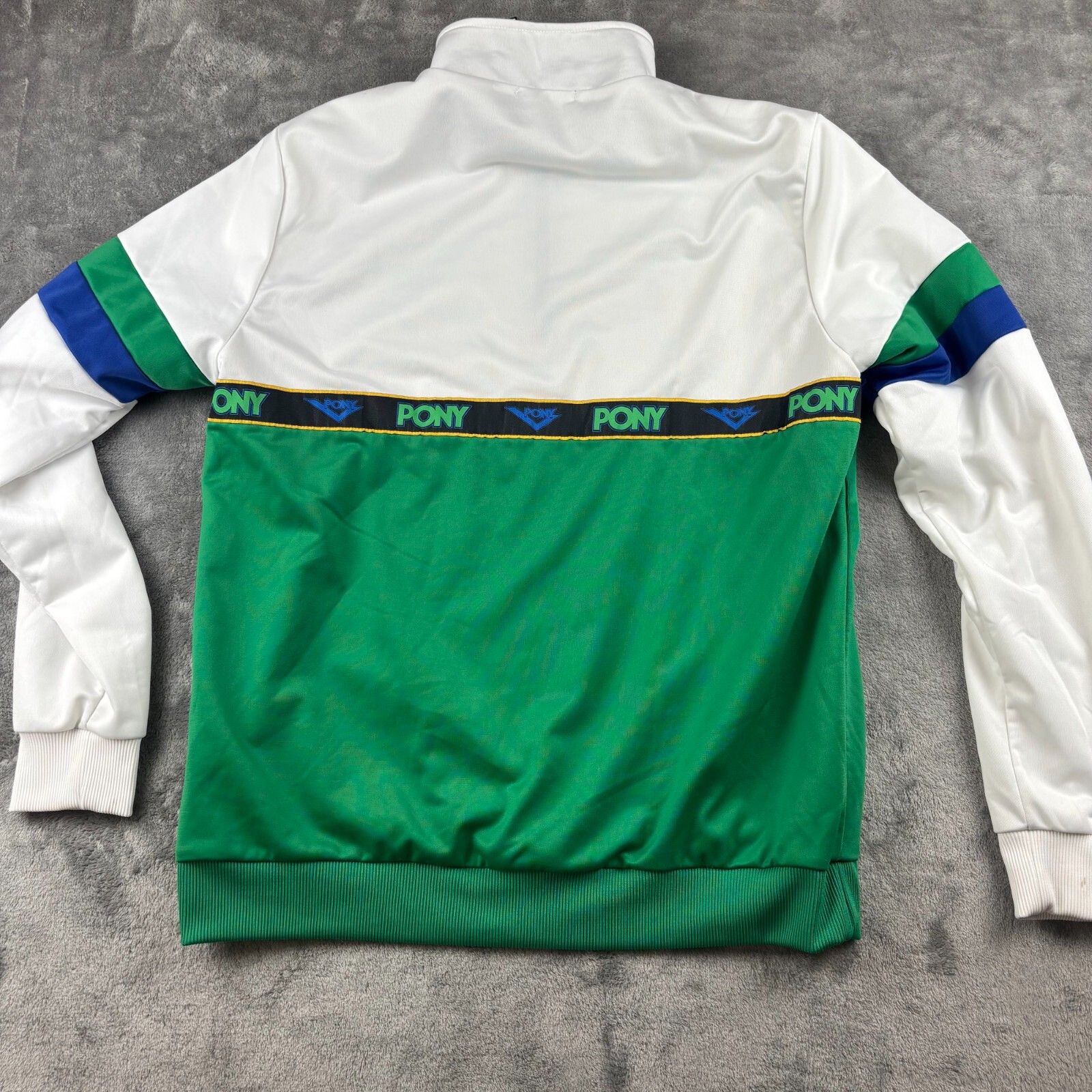 Forever 21 Pony Giacca Uomo Media Bianco Verde Maglia Foderata Finto Collo Quarto Zip