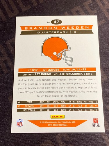 Brandon Weeden 2013 Panini Score #47 Cleveland Browns - Bild 2 von 2