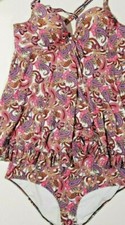Women's Plus Size 3XL Two Piece Swimdress and Bottoms Paisley Print Pink Purple