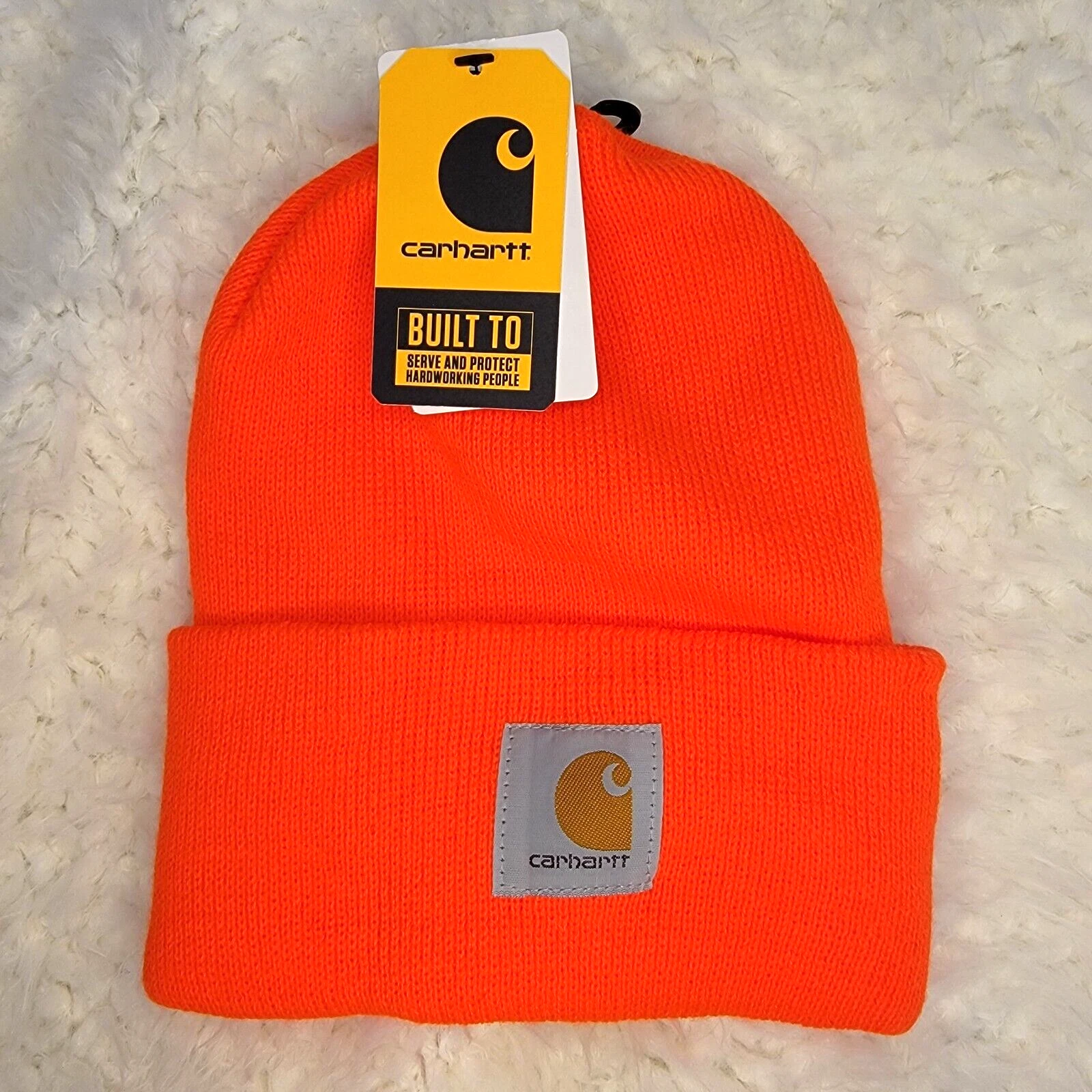 CARHARTT KNIT CUFFED Beanie Hat Mens ORANGE Outdoors Stretch Hunting Patch NWT B