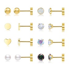 Hypoallergenic Titanium Flat Back Earrings, 6 Pairs Screw Back Gold Stud Earr...