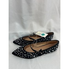 A New Day Womens Black Satin Rhinestone Jeweled Pointed Toe Mary Jane Flats 8