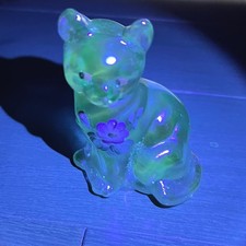 Fenton Iridescent Emerald Green Sitting Cat UV Glow Hand Painted Debbie Cutshaw