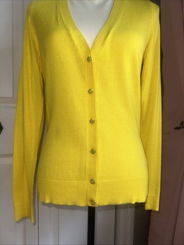 NY&Co. Women Canary Yellow Cardigan Sweater Front Rhinestones Buttons LS SZM. - Picture 4 of 4