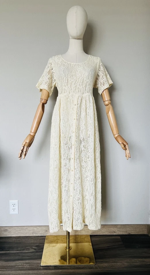 Vestido Midi De Colección Moda Internacional Años 90 Marfil Encaje Perla Botón Grunge Festival 4 Foto 2 de 4