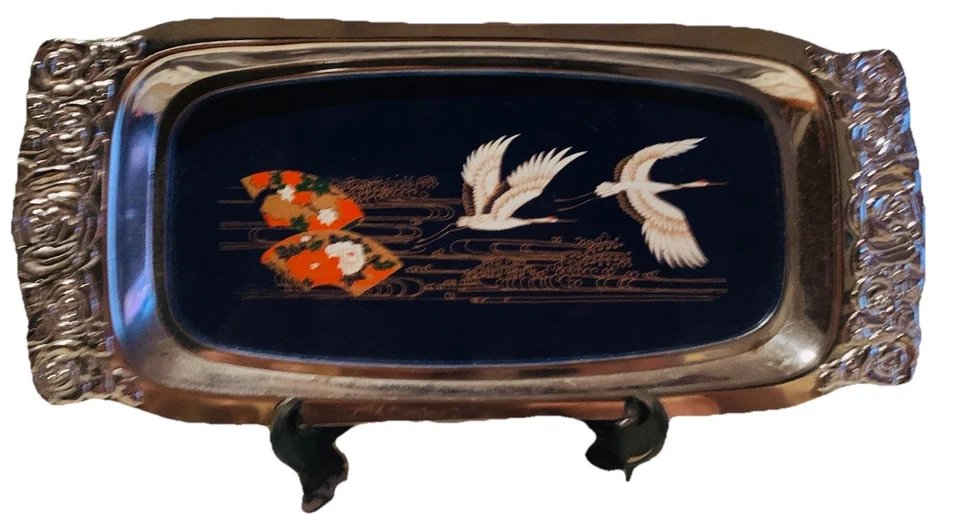 Bandeja de servir laca japonesa vintage década de 1960 – Guindastes e ventiladores florais/tom prata - Imagem 3 de 4