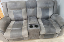 SCS Grey Patchwork Fabric Sofa Set with Cup Holder & Ottoman, Traditional Style
