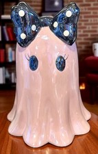 Viral Pink Ghost With Black White Polka Dot Bow Halloween Figurine 9  X 7  NEW