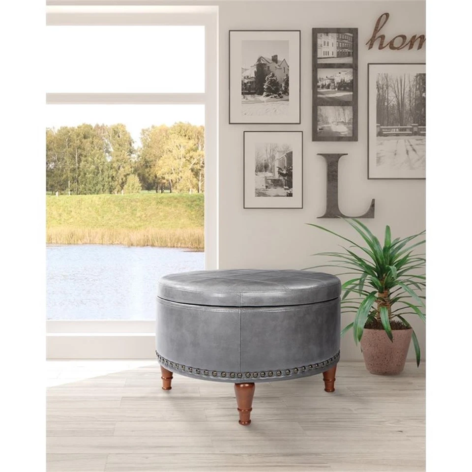 Alloway Storage Ottoman in Pewter Faux Leather with Antique Bronze Nailheads - Image 4 of 4