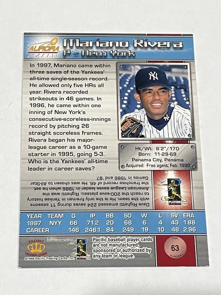 Pacific Aurora 1998 béisbol #63 - Mariano Rivera - Yankees de Nueva York Foto 2 de 2