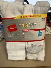 Hanes Men's 12-pair+1 free  Ultimate Crew Socks 6-12 odor control wicking cool