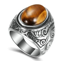 Tiger Eye Oval Cut Gemstone With 925 Sterling Silver Ring For Men's 412