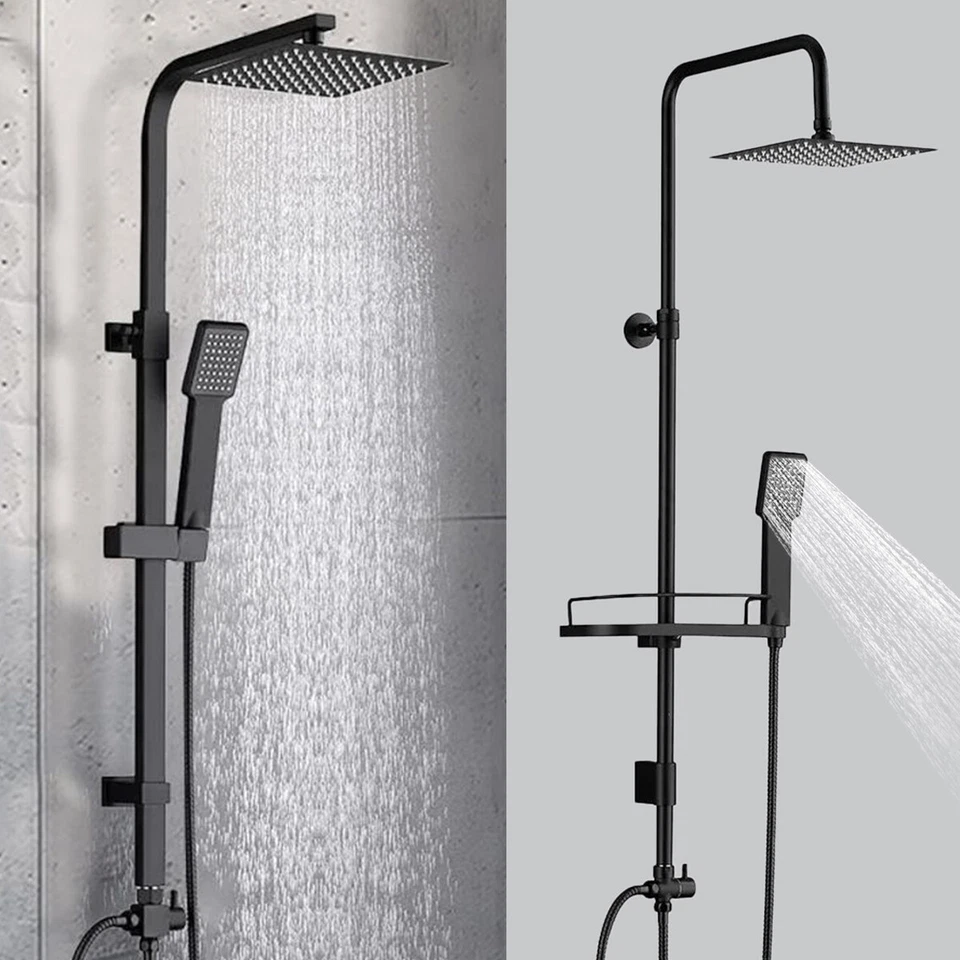 Bathroom Shower Kit Adjust Riser Rail Hose Twin Shower Heads Chrome Square Set