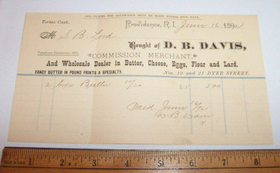 1892 Antique Billhead  Davis Providence RI  Merchant Butter Eggs Flour Cheese