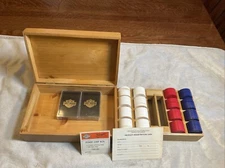 VINTAGE Harley Davidson Poker Set chips and 2 pack cards WOOD BOX