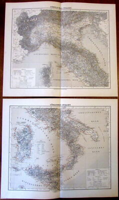 Italy in 2 sheets 1874 Flemming large detailed old map Sicily Sardegna 