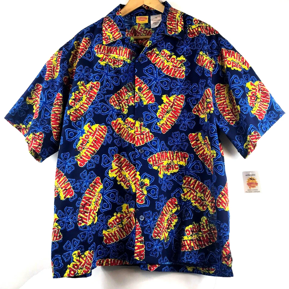 Hawaiian Tropic Shirt Mens Size XL Button Up Blue Red Floral Spell Out Camp NEW - Image 2 of 4