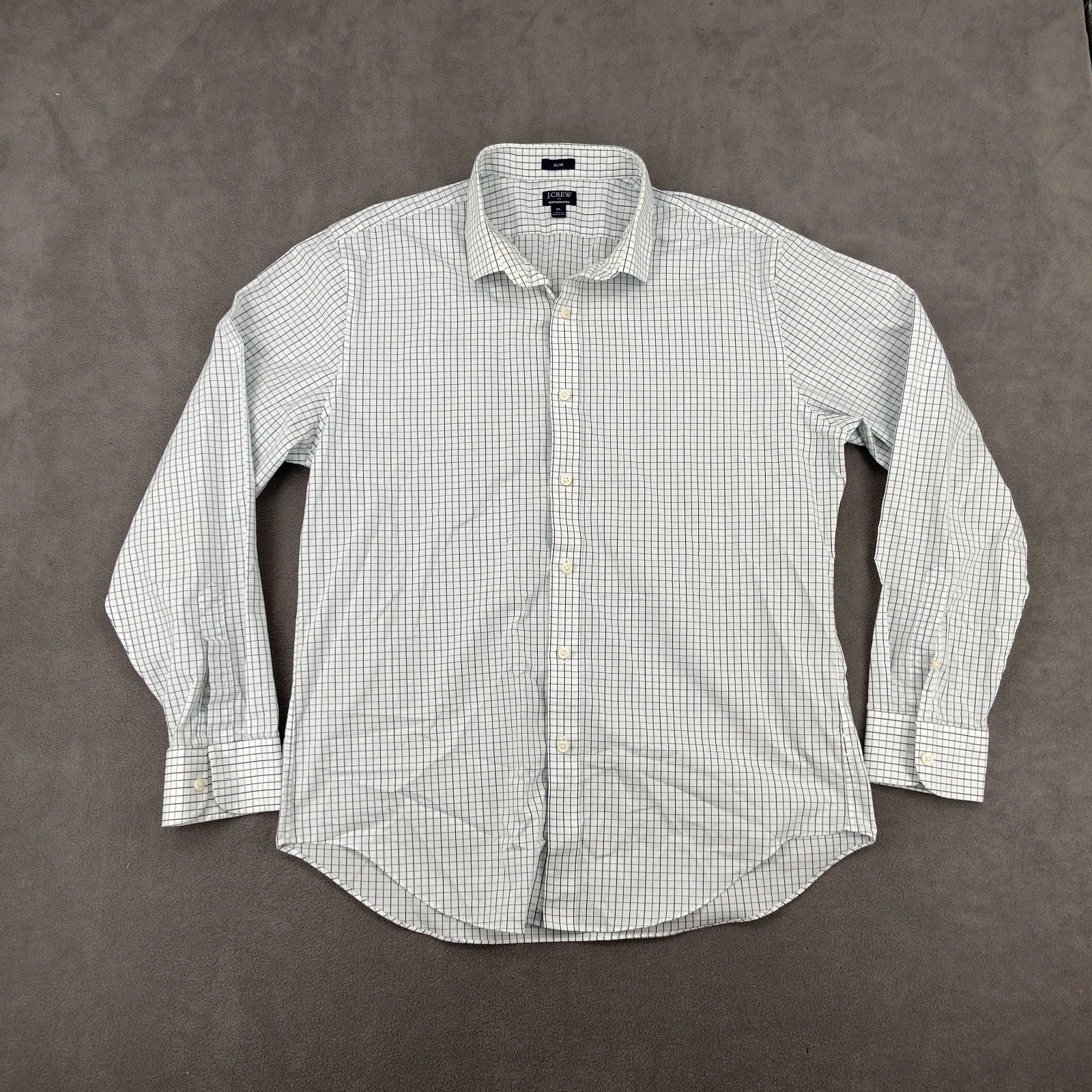 J Crew Performance Shirt Mens XL White Check Cotton Pleated Slim Fit Button Up