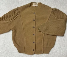 Vtg Tally-Ho Grannycore Tan Brown Knit Cardigan Sweater Women Pure Wool Small