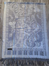 Pashmina 100% Cashmere Scarf Women’s Silver Grey “Kair” Paisley Motif Wrap Shaw