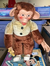 Vintage 19" Mr. Bim Zip Zippy Plush Monkey Rubber Face Blue Ribbon Shoes Banana