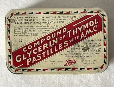 Vintage Stiefel Chemiker Dose VERBINDUNG AUS GLYCERIN VON THYMOL PASTILLEN MIT AMC #755