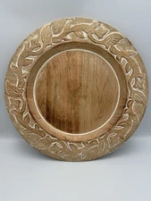 Pier 1 Imports Wooden Charger Plate Whitewashed Carved Leaves 14" 