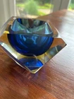 Vintage Murano Summerso Glass Faceted Ashtray Triangle Prism Blue/Yellow