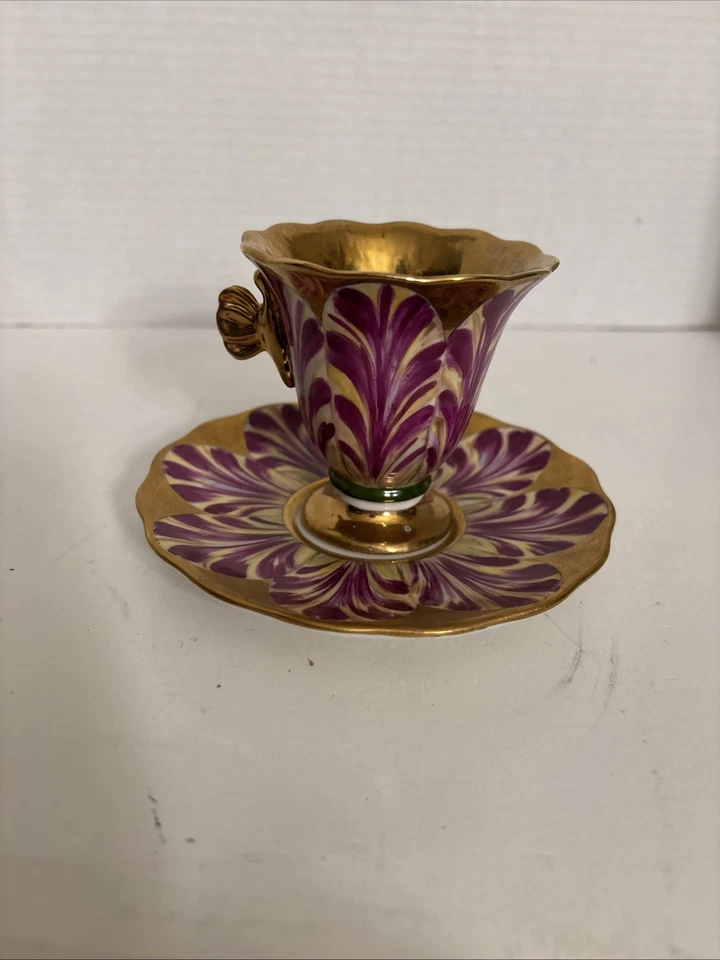 Antique Old Italian Porcelain Tulip Design Cup & Saucer Purple and Gold - Image 3 of 4