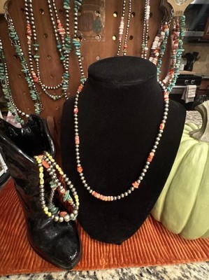 Sterling Silver Multi Bead Orange Spiny Oyster W Pearls Bead Necklace 18 inch