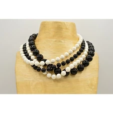 Vintage Collar Necklace Black White Beaded Thick Chunky Multi Layered NOS 80s W3