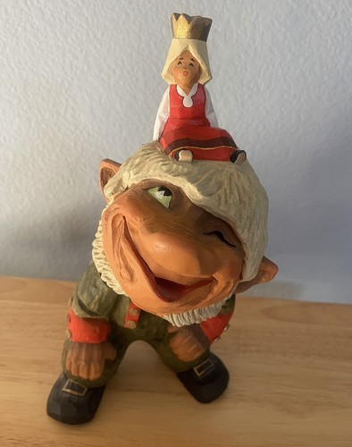 Henning Of Norway Large Hand Carved Wooden Troll And Princess 11"