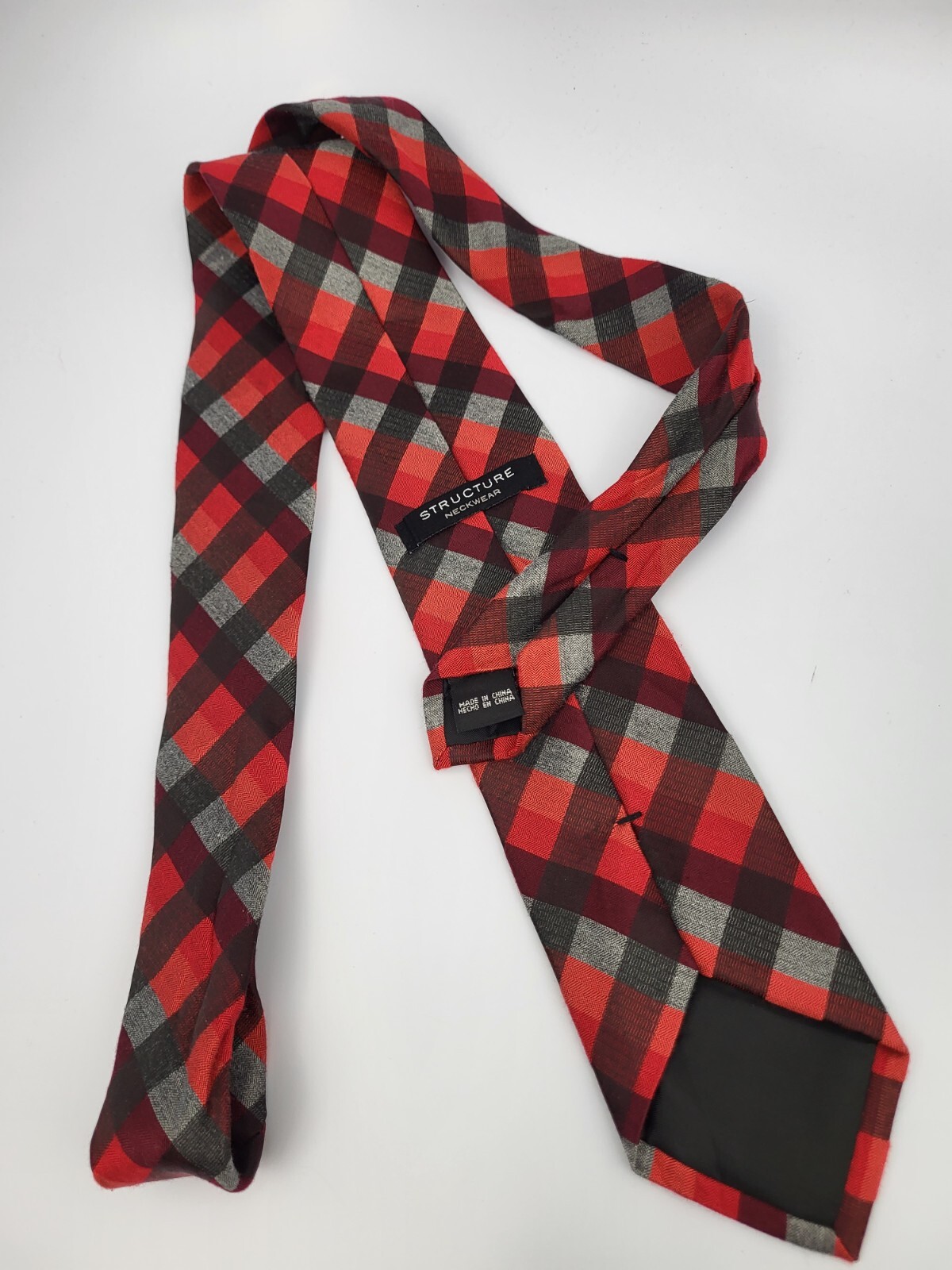 Structure Polyester Tie Red Gray Black Plaid Geom… - image 4
