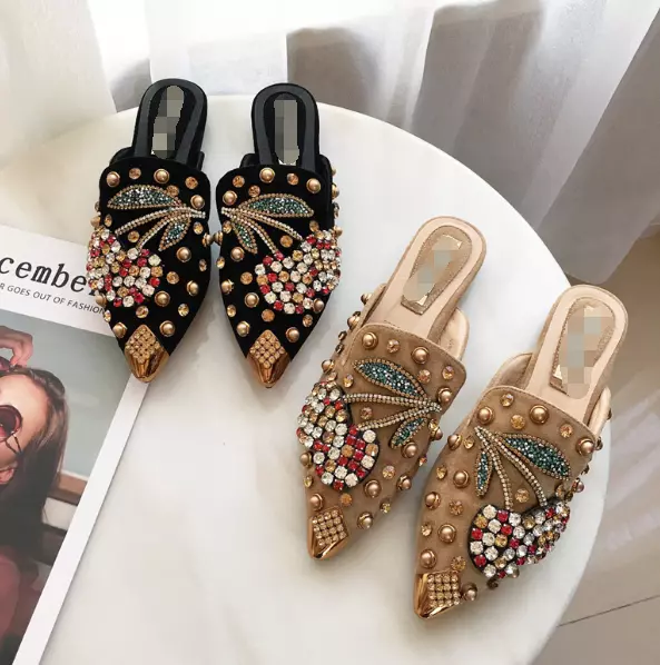 Buy Floral Mule Shoes Woman Pointed Toe Flats Vintage Bee Mules