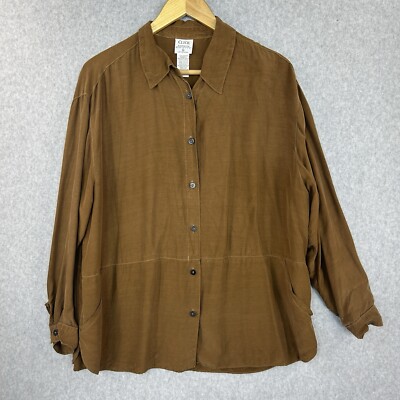 Click By Color Me Cotton CMC Brown Button-Up Shirt Large Rayon Blouse Vintage