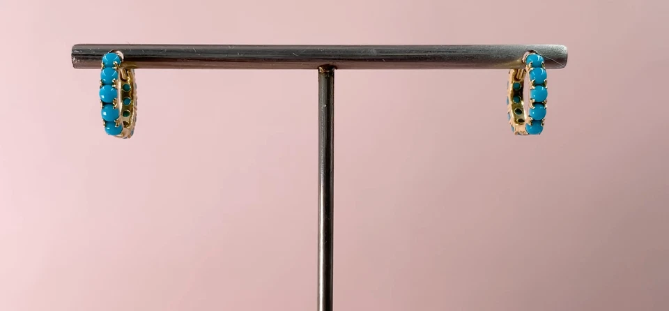 Turquoise Beaded Huggie Earrings 14k Rose Gold Natural Round Mini Hoop 0.72ct - Image 4 of 4