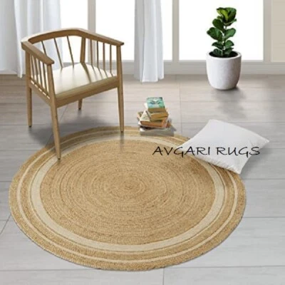 Rund Teppich Wohnzimmer 100% Natürliche Jute Hand Geflochten Landhaus Fläche - Bild 1 von 4