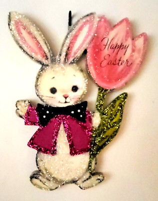 WHITE BUNNY RABBIT in JACKET w PINK TULIP    Glitter EASTER ORNAMENT  *  Vtg Img