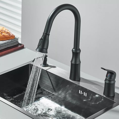 Matte Black Kitchen Sink Faucet Pull Down Sprayer 3 Holes With Soap Dispenser - Picture 6 of 12