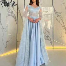 Light Blue Slit Sleeves Evening Dress Elegant Satin Long Ball Gowns With Pearls