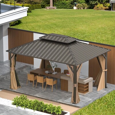 Domi 12' x 14' Hardtop Gazebo Outdoor Aluminum Gazebo w/Curtains and Net,Brown