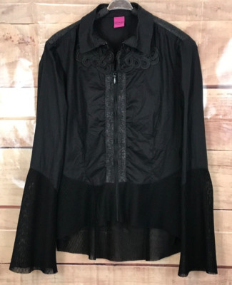 Save The Queen! Women S Blouse Black Zip Front Goffered Tulle Hem Cuffs Italy