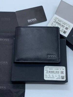 NEW HUGO BOSS MENS ASOLO BI FOLD BLACK LEATHER WALLET WITH COIN POCKET