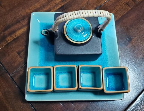 Japanese Style Matte Black & Blu Ceramic Sake Set of 7 w/ Carafe & Glasses - Picture 2 of 6