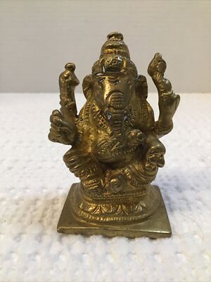 Small Brass Lord Ganesha Sitting Hindu Elephant God 3'' Statue Figurine Sculpture