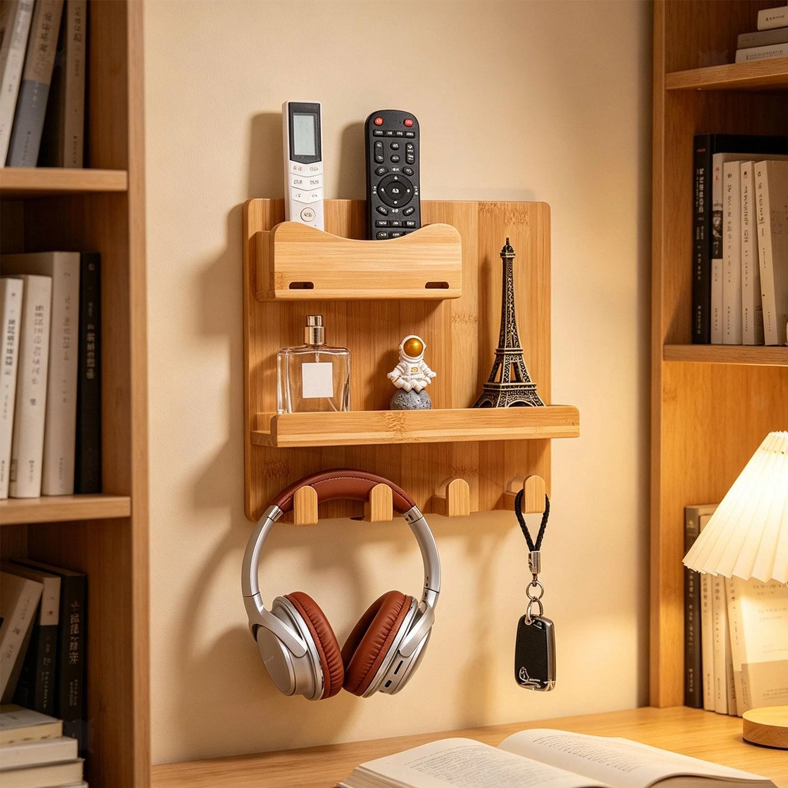 Wood Bedside Shelf Wall Mount with Hooks Wall Storage Holder Modern Storage