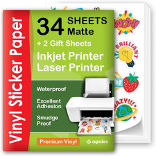 Premium Printable Vinyl Sticker Paper for Inkjet Printer - 34 Sheets Self-Adhesi