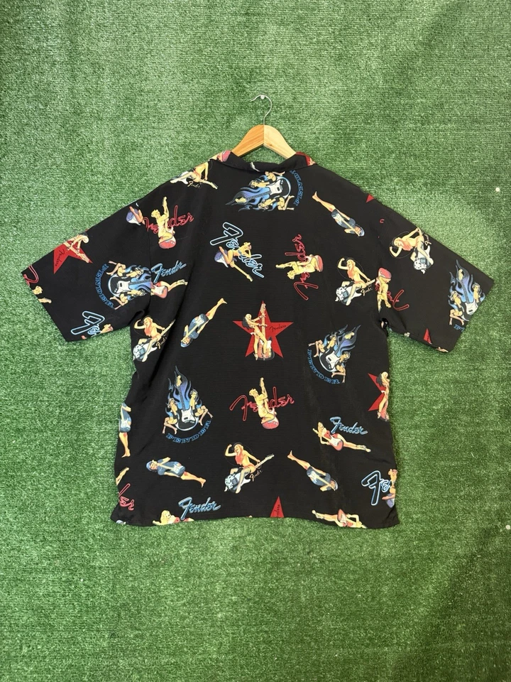 Fender DaVinci Shirt Mens XLarge Black Button Up Hawaiian AOP Pinup Guitars - Image 3 of 4