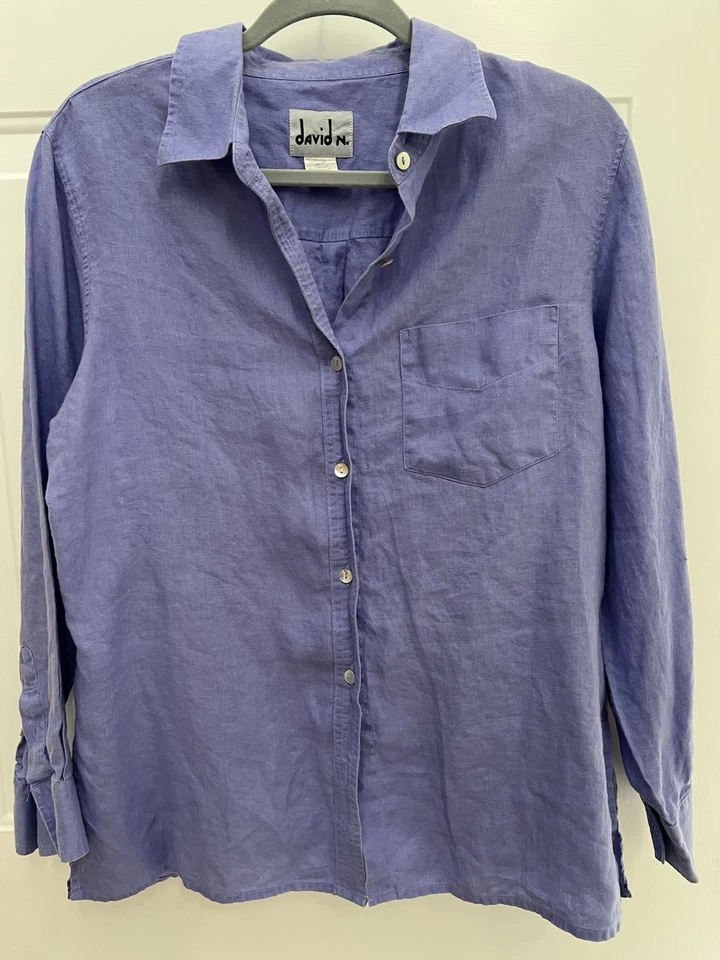 Camiseta de mujer David N con botones manga larga talla grande azul púrpura 100 % lino Foto 4 de 4
