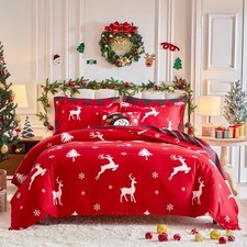 Christmas Duvet Cover Set King Size, White Deer and Snowflake on Red Xmas Hol...